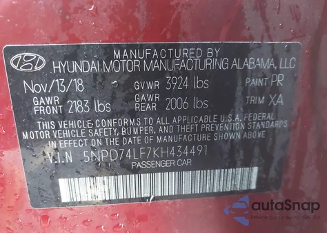 2019 Hyundai Elantra Se z USA, uszkodzony, nr VIN 5NPD74LF7KH434491